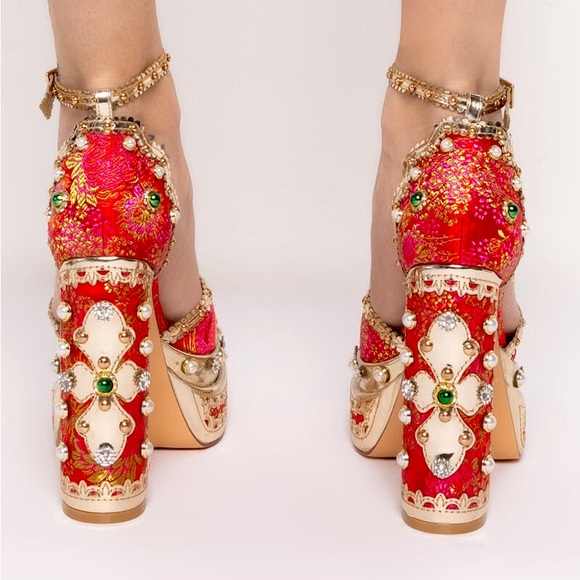 New Azalea Wang Party Peep Platform Heels Embellished Satin Victorian Ankle 6 - Picture 4 of 12